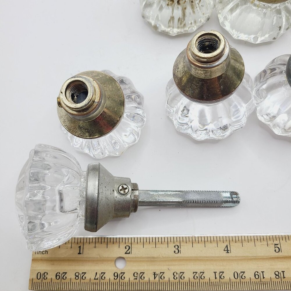 Antique Glass Brass Door Knobs Octagonal Design Architectural Salvage Set of 7 - Picture 8 of 9